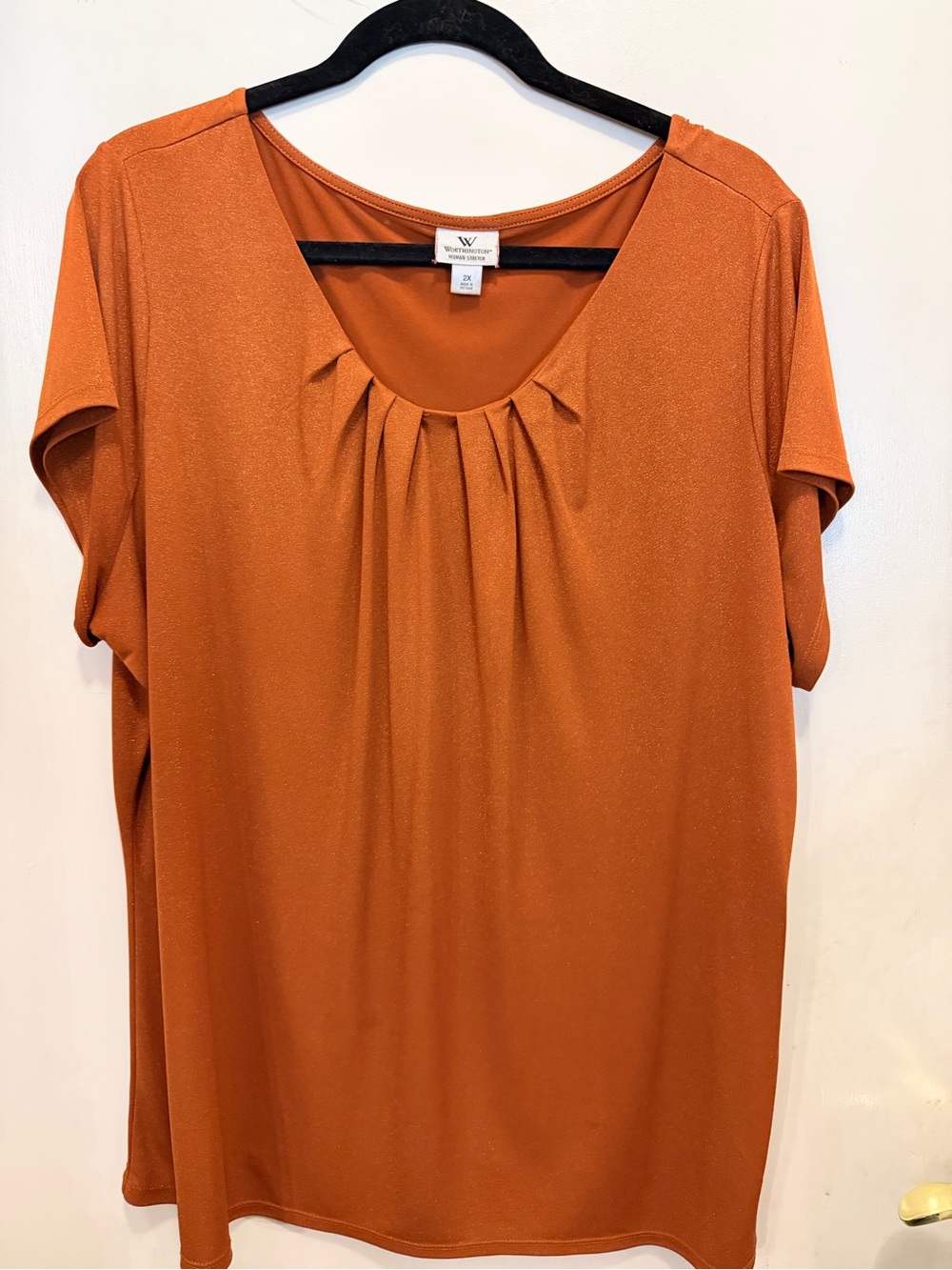 Worthington Pumpkin Color Scoop-Neck Pleated Short Sleeve Top